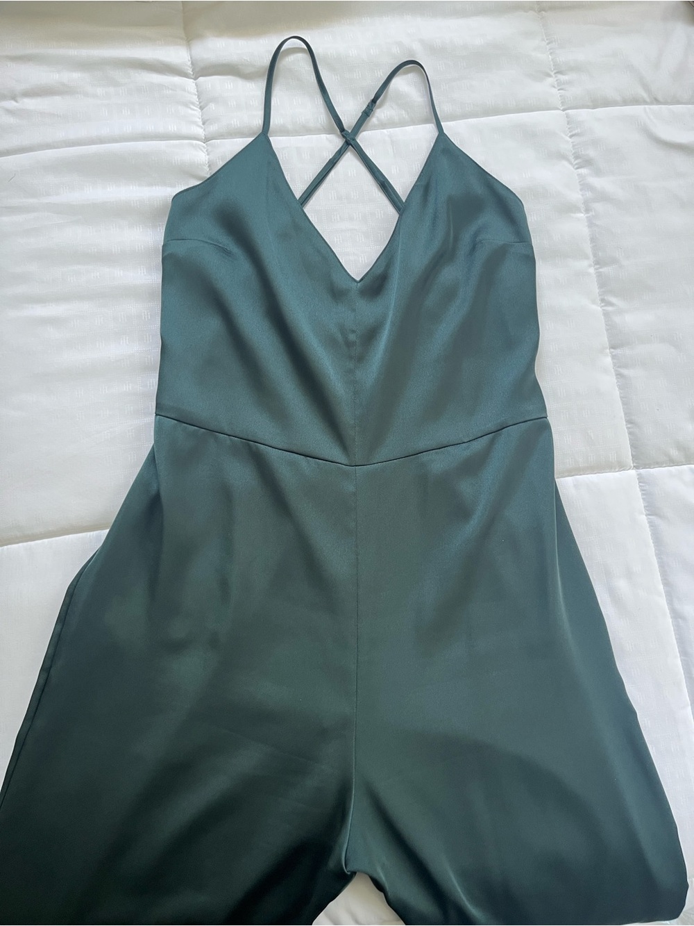 Abercrombie & Fitch Satin V-Neck Wide-Leg Jumpsuit - Dark Green - Picture 2 of 7
